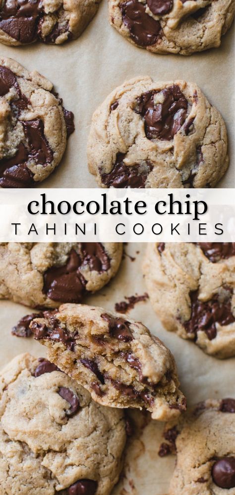 BEST Tahini Chocolate Chip Cookies - Pretty. Simple. Sweet. No Chocolate Chip Cookies, Chocolate Chip Tahini Cookies, Tahini Cookie, Tahini Chocolate Chip Cookies, Tahini Cookies, Clean Baking, Perfect Chocolate Chip Cookies, Dessert Lover, Chocolate Chip Cookie Dough