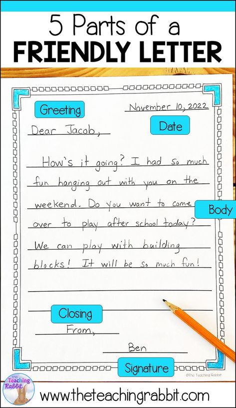 Are you teaching letter writing to your 1st & 2nd grade students? Check out these prompts and activities to help introduce the 5 parts of the friendly letter! This packet includes a writing checklist, teacher/student response activities, writing papers, and a rubric for easy marking! Great for your primary writing center! Writing Letter Activities, Letter Writing Activities 2nd Grade, Friendly Letter Writing Examples, Letter Writing Activity, Friendly Letter Writing Activities, Writing Letters Ideas, Writing For 2nd Grade, How To Write A Letter, Writing A Friendly Letter