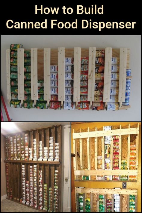 Can Good Storage Ideas, Pantry Decor Ideas, Canned Food Dispenser, Pantry Storage Organization, Remodel Pantry, Canned Good Storage, Pantry Can Organization, Food Storage Rooms, Dispenser Diy