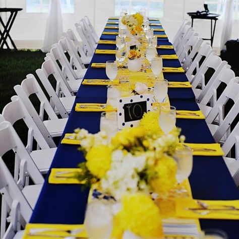 Navy and Yellow Reception Decor Fallout Wedding, Blue Yellow Weddings, Yellow Wedding Decorations, Yellow Wedding Theme, Wedding Yellow, Yellow Party, Yellow Table, Traditional Wedding Decor, Yellow Decor