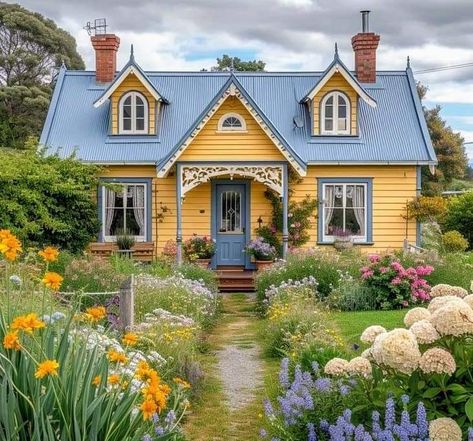 Cute House Ideas Exterior, Yellow And Blue House Exterior, Bloxburg Tiny House Exterior, Cool House Ideas Exterior, Cute Yellow House, Little Yellow House, Storybook House Exterior, Interesting House Exterior, Cute Cottage House Exterior