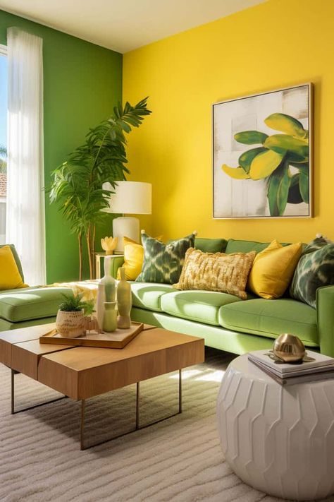 Home Decor Colors: Fresh Green and Cheerful Yellow Accents Apple Green Color Combinations, Yellow Green Wall Paint, Apple Green Living Room Ideas, Green And Yellow Living Room Decor, Yellow Green Moodboard, Green And Yellow Walls, Yellow Green Room, Green And Yellow Room, Yellow House Interior