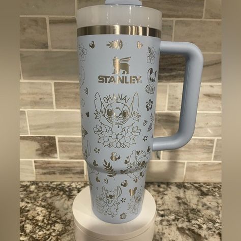 Stanley Cups Decorated, Cute Stitch Things, Disney Stanley Cup, Christmas Stanley Cup, Disney Stuff To Buy, Bluey Stanley, Laser Engraved Cups, Stitch Stanley Cup, Cute Stanley’s