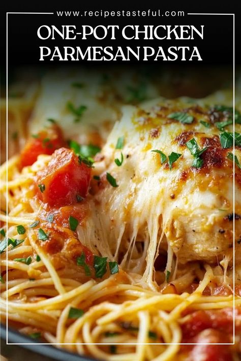 This One-Pot Chicken Parmesan Pasta combines all the classic flavors of chicken Parmesan into a simple, hearty one-pot meal. Tender chicken, rich marinara sauce, melted mozzarella, and Parmesan cheese come together with pasta for a satisfying and delicious dish that’s easy to prepare and even easier to clean up. It’s the ultimate comfort food for a busy weeknight! Chicken Marinara Pasta, One Pot Chicken Parmesan, Chicken Parmesan Pasta Recipe, Chicken Marinara, Marinara Recipe, Everything Chicken, Chicken With Italian Seasoning, Chicken Parmesan Pasta, Skillet Dishes