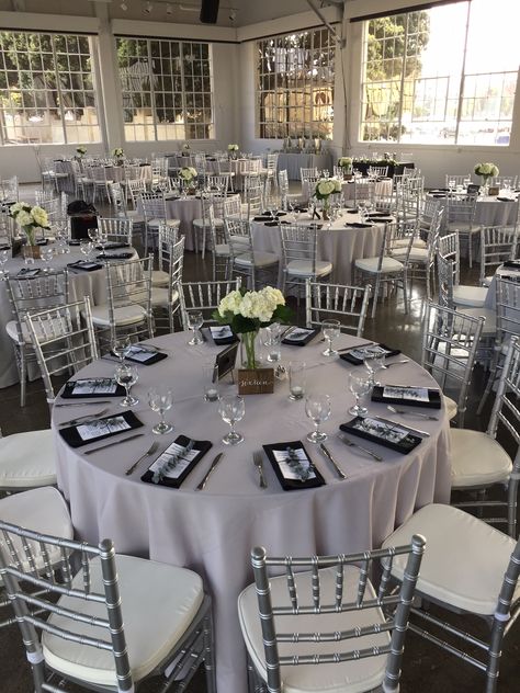 Grey and black linens with silver Chiavari chairs at the Gallery 308 at Fort Mason Black Table Linens Wedding, Fall Wedding Black, Gray Party Decorations, Table Linens Wedding, Wedding Table Centerpieces Elegant, Quinceanera Venue, Silver Chiavari Chairs, Grey Wedding Decor, Grey Wedding Theme