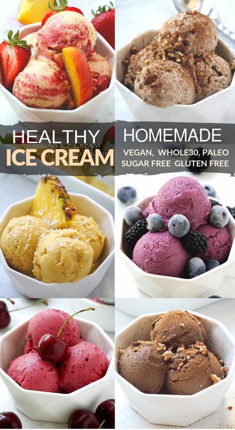 Paleo Whole30 Ice Cream recipes – dairy free, gluten free, sugar free, vegan, whole 30 and paleo compliant frozen dessert. Learn how to make 6 different types of healthy homemade dairy free ice cream flavors ideas perfect for your clean eating and whole30 diet, especially during summer. The best healthy whole30 ice cream for kids and adults! #veganicecream #dairyfreeicecream #whole30icecream #whole30dessert #paleoicecream #healthy #homemade #paleodessert Homemade Dairy Free Ice Cream, Vegan Whole 30, Healthy Homemade Ice Cream, Whole 30 Dessert, Whole30 Diet, Paleo Ice Cream, Sugar Free Ice Cream, Healthy Ice Cream Recipes, Ice Cream Maker Recipes