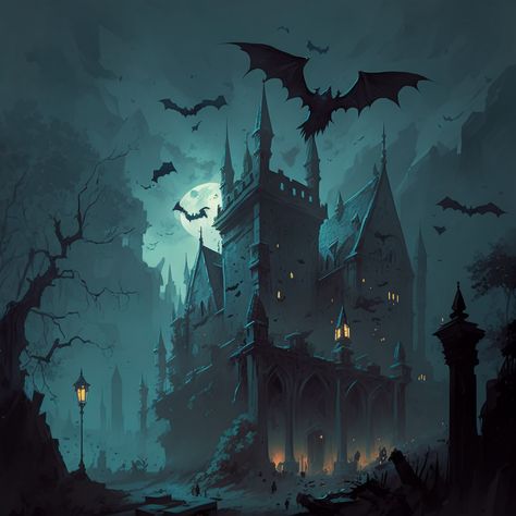 Scary Castle Art, Vampire Castle Art, Haunted Castle Aesthetic, Villain Castle, Haunted Illustration, Spooky Castle Illustration, Vampire Silhouette, Evil Castle, Scary Castle