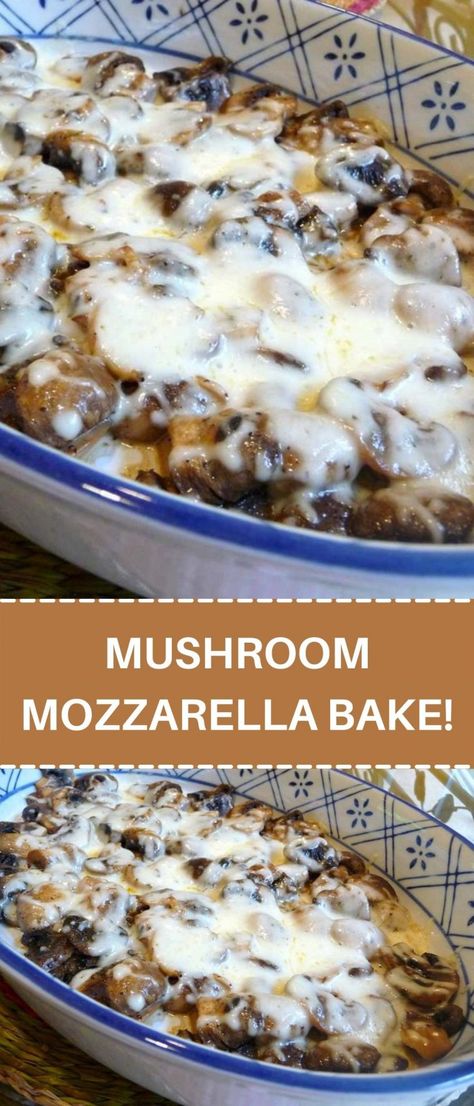 MUSHROOM MOZZARELLA BAKE! Mushroom Pasta Side Dish, Mushroom Mozzarella Pasta, Italian Baked Mushrooms, Parmesan Mushroom Casserole, Cheesy Mushroom Casserole, Can Mushroom Recipes, Creamy Mushroom Casserole, Recipe Using Mushrooms, Mushroom And Cheese Recipes