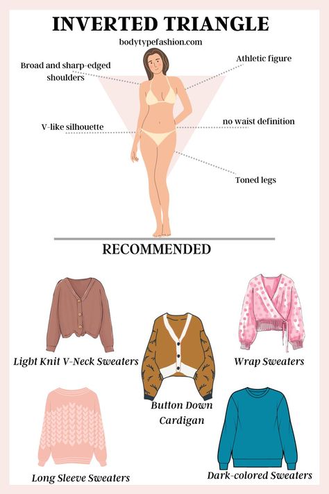 Best Sweater Styles for Inverted Triangle Body Shape - Fashion for Your Body Type Inverted Triangle Body Shape Fashion, V Shape Body, Inverted Triangle Body Shape Outfits, Body Type Clothes, Triangle Body Shape Fashion, Inverted Triangle Fashion, Triangle Body Shape Outfits, Inverted Triangle Outfits, Body Shape Guide