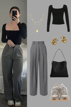 Grey Pants Black Top Work Outfits, Casual But Smart Outfits, Black High Waist Trousers Outfit, Trouser Grey Outfit, Pleated Trouser Outfit Women, Outfit For Black Pants, Business Casual Outfits With Sneakers Women, Top With Trousers Outfit, Black Formal Trousers Outfit