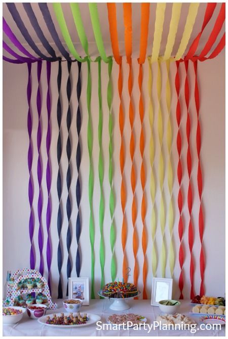 Rainbow party backdrop #Rainbow #BackdropDecoration.  Possible with tulle also. Pride Brunch, Birthday Decoration Ideas, Decoration For Ganpati, Rainbow Parties, Easy Birthday, Rainbow Birthday Party, Diy Birthday Decorations, Rainbow Decorations, Rainbow Theme