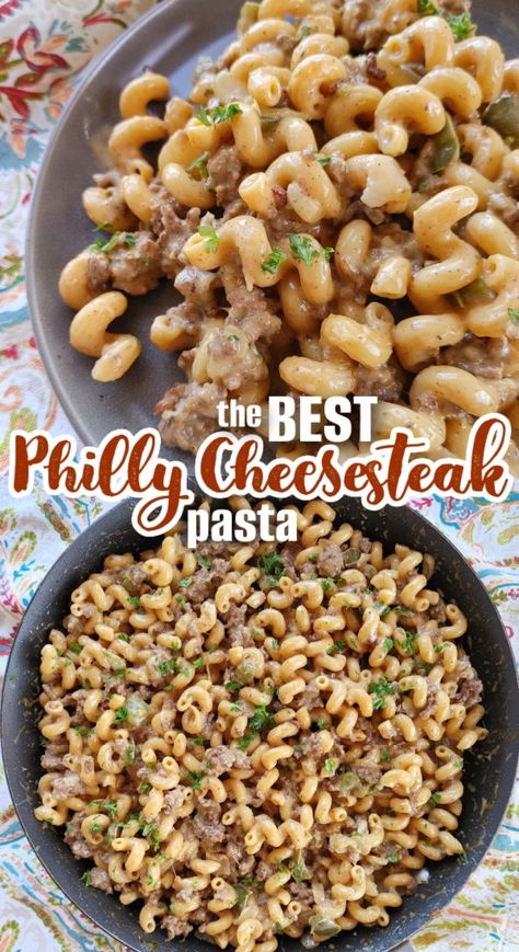 A family-sized pasta recipe with seared ground beef, green bell peppers, onions and seasoned pasta folded into a velvety Philly-style cheese sauce. Ground Beef Noodles Recipes, Ground Beef Casserole Recipes For Dinner, Philly Cheese Steak Pasta, Cheese Steak Pasta, Seasoned Pasta, Hamburger Dinners, Philly Cheesesteak Pasta, Best Philly Cheesesteak, Cheesesteak Pasta