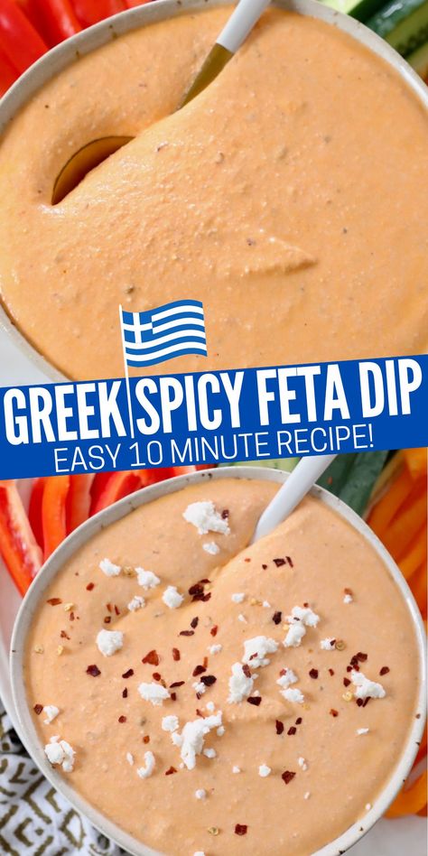 roasted red pepper feta dip in bowl with spoon topped with feta cheese crumbles and red pepper flakes Fire Feta Dip, Gyro Dip Recipe, Spicy Gyro Sauce, Spicy Feta Dip Recipes, Spicy Greek Sauce, Feta Sauce Recipe, Dips With Pita Bread, Feta Cream Sauce, Spicy Feta Dip Greek