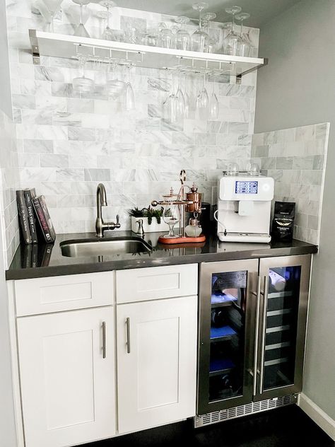 Coffee Bar With Prep Sink, Small Wet Bar Ideas With Sink, Coffee Bar With Sink, Small Wet Bar Ideas, Small Wet Bar, Holiday Coffee Bar, Cabin Coffee, Farm Office, Diy Coffee Station