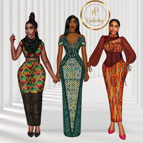 Throwback to some old works😍. Do you love them? #ghanakente #digitalillustration #digitalart #fashionstyle #africanfashion Kente Bridal Dresses, Bridesmaid Kente Styles, Ombre Kente Dress Styles Classy, Kente Bridesmaid Dresses, Dresses For Outing, Ghana Fashion Kente, African Royalty Fashion, Kente Dress Styles, Kente Dresses