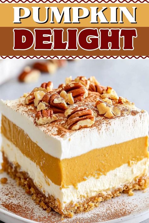 Pumpkin Delight - Insanely Good Pumpkin Pie Cool Whip Dessert, Pumpkin Cream Cheese Recipes Easy, Easy Pumpkin Delight, Easy Pumkin Desserts, Recipes With Pumpkin Spice Pudding, Pumpkin Jello Cheesecake, Pumpkin Twinkie Dessert, Recipes Using Pumpkin Spice Pudding, Pumpkin Torte Desserts