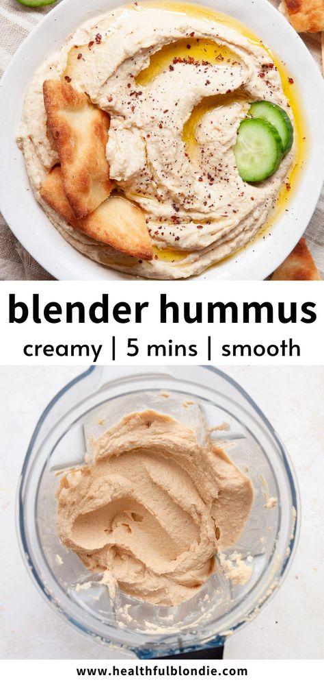 Learn how to make the easiest homemade blender hummus - it's creamy, smooth, lemony, and takes 5 minutes to make! There are over 10 flavor variations too. Diy Hummus Easy, Humus Recipes Homemade, Home Made Hummus Recipes, Homeade Hummus, How To Make Humus, How To Make Hummus, Homemade Hummas, Mediterranean Recipes Appetizers, Blender Hummus