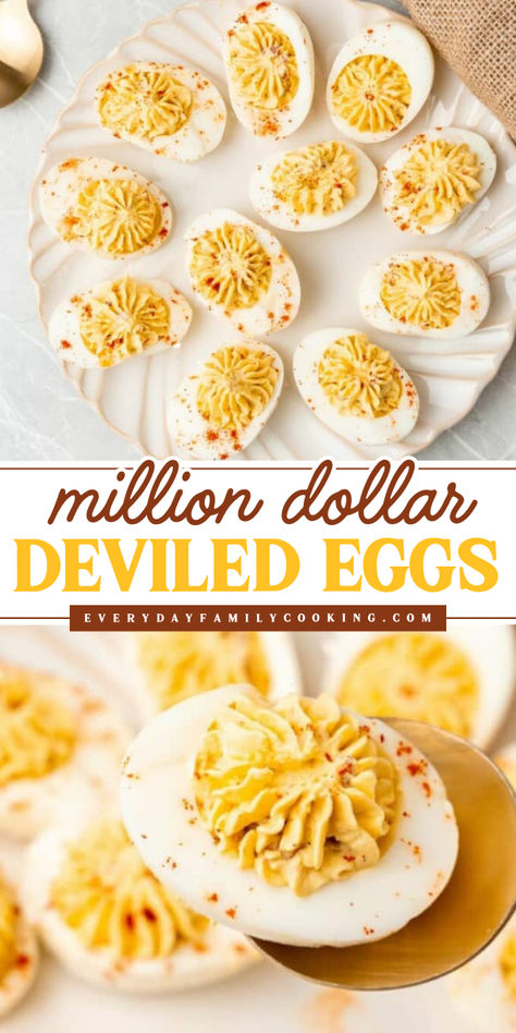 Check out this kid friendly Easter appetizer for the perfect deviled eggs! This million dollar deviled eggs recipe has a secret ingredient to get an extra creamy filling. A Easter party food idea that's the ultimate crowd-pleaser! Deviled Eggs Recipe Pickle Juice, Perfect Boiled Eggs For Deviled Eggs, Dijon Deviled Eggs, Deviled Eggs Salad Recipe Best, Creamy Deviled Eggs Recipe, Easter Dishes For A Crowd, Easter Egg Deviled Eggs, Deviled Eggs Recipe Thanksgiving, Deviled Eggs Easter Ideas