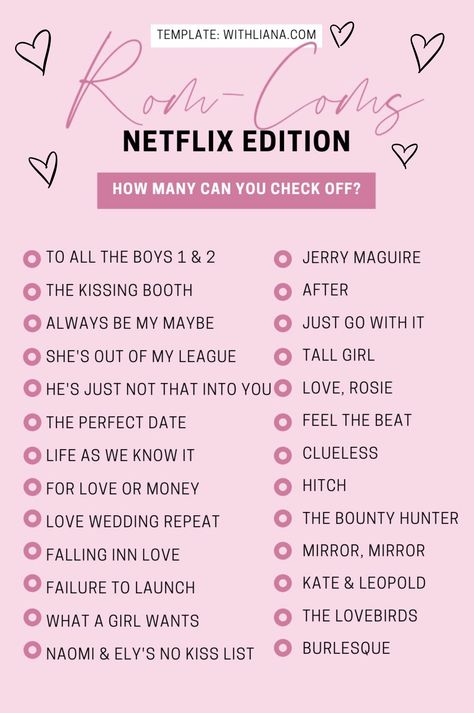 Netflix And Chill Movie List, Romcom Movies List Highschool, Netflix Marathon List, Recent Movies To Watch, Teenage Netflix Movies List, Netflix Movie Marathon List, Netflix Movies To Watch List Rom Com, Netflix Movies To Watch Romantic Comedy, Netflix Challenge 2023