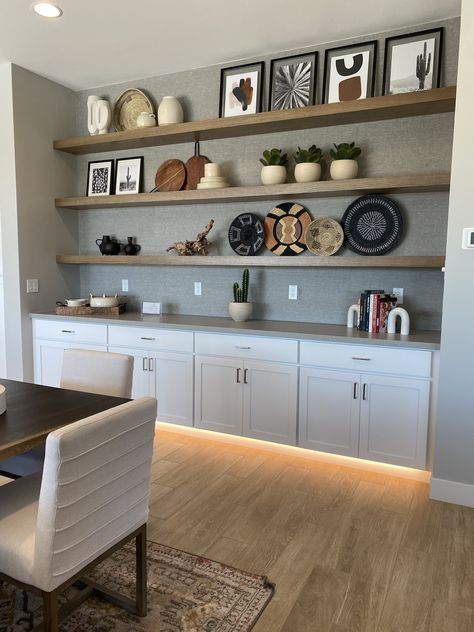 Kitchen Sideboard Ideas Built Ins, Dining Room Wall Buffet, Office Cabinets With Floating Shelves, Built In Shelves Dining Room Diy, Dining Room Built In Buffet Under Window, Dinning Buffet Design Modern, Eat In Kitchen Built In Cabinets, Dining Wall Storage Ideas, Serving Counter In Dining Room