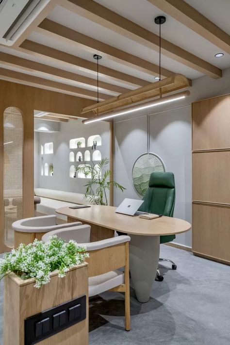 A Wabi-Sabi, Zen, Scandinavian office design | Amogh Designs Wabi Sabi Interior Office, Scandinavian Office Interior, Scandinavian Office Design, Office Interior Design Luxury, Scandinavian Office, Office Cabin Design, Small Office Design Interior, Contemporary Office Design, Industrial Style Interior