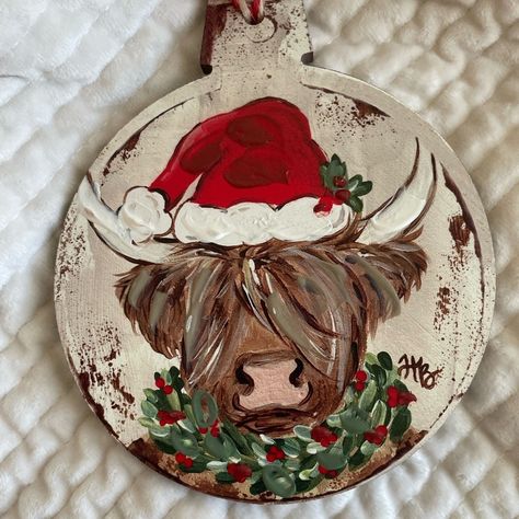 New With Tag Hand Painted Bull/Cow With Santa Hat And Wreath Around Neck Approx 5" In Diameter Approx 6" Tall (Not Not Include Loop For Hanging) So Cute!! Christmas Hand Painted, Handpainted Christmas Ornaments, Cow Ornaments, Painted Santa, Bull Cow, Cow Design, Handmade Christmas Crafts, Christmas Rock, Wood Tags