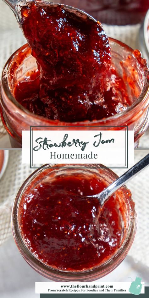 Homemade strawberry jam canning is a great way to preserve summer strawberries or use up the big bags of frozen strawberries in your freezer. Easy strawberry jam recipes like this one use just 3 ingredients to create a sweet, fruity strawberry jam with pectin that has a consistent, spreadable texture. Canning strawberry jam is easy when you follow the proper steps and take your time and it’s a great way to preserve strawberries long after summer has passed. Shelf Stable Strawberry Jam, Strawberry Peach Jam Recipe, Easy Homemade Jelly Recipes, Jam Recipes Homemade For Canning, Canning Strawberry Jam With Pectin, Strawberry Jam Frozen Strawberries, Certo Strawberry Jam, Strawberry Jam Recipe Canning No Pectin, Fresh Strawberry Jam Recipes