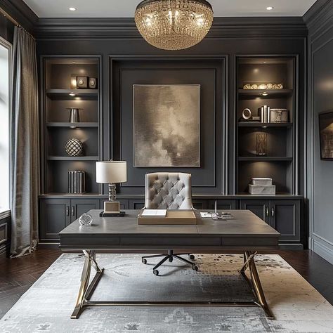 Home Office Bookcase Ideas, Restoration Hardware Home Office, Home Office Chandelier Ideas, Colonial Office Design, Classy Office Design, Black Built Ins Office, Executive Home Office Design, Study Room Decor Modern, Study Ideas Room Home Office