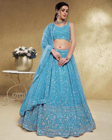 Buy Aqua Lehenga Choli Sets for Women by ZEEL CLOTHING Online | Ajio.com Aqua Blue Lehenga, Sky Blue Lehenga, Georgette Material, Bridesmaid Lehenga, Lehenga Wedding, Blue Lehenga, Designer Lehenga Choli, Beautiful Sky, Wedding Wear