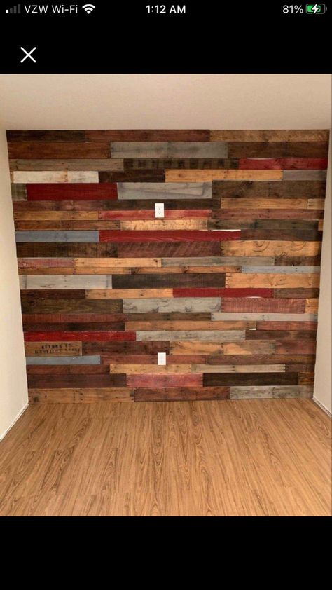 Multi Colored Wood Wall, Multi Stained Wood Wall, Multi Colored Stained Wood Wall, Barnwood Entryway Wall, Old Barnwood Walls, Pallet Wall Ideas, Barn Wood Accent Wall Lowe's, Barn Tin, Wood Wall Design