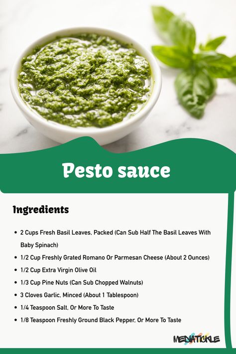 Pesto Sauce Ingredients: Fresh basil leaves, pine nuts, garlic cloves, Parmesan cheese, and extra-virgin olive oil. Aromatic and flavorful - make your own at home! 🌿🍽️ #PestoSauce #HomemadePesto How To Make Pesto Sauce, Pesto Sauce Recipe, Homemade Pesto Recipe, Homemade Pesto Sauce, Salad Recipes Healthy Easy, Culinary Cooking, Olive Oil Recipes, Homemade Sauce Recipes, Salad Dressing Recipes Homemade