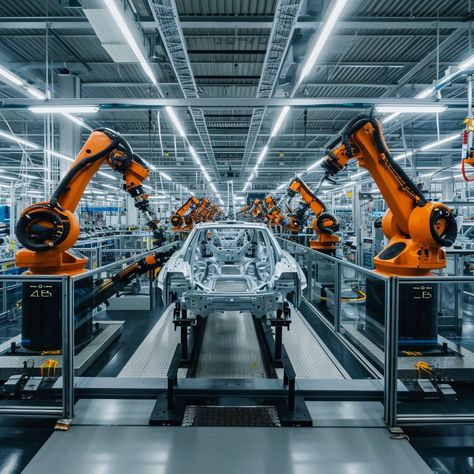 Robotic Assembly Line: Advanced robots meticulously work on assembling a car chassis on a modern automotive production line. #robotics #automation #industry #manufacturing #assembly #technology #machinery #precision #aiart #aiphoto #stockcake https://ayr.app/l/Fvyo Futuristic Factory, Robotics Aesthetic, Factory Aesthetic, Industrial Technology, Factory Photography, Car Manufacturing, Learn Robotics, Car Factory, Robotic Automation