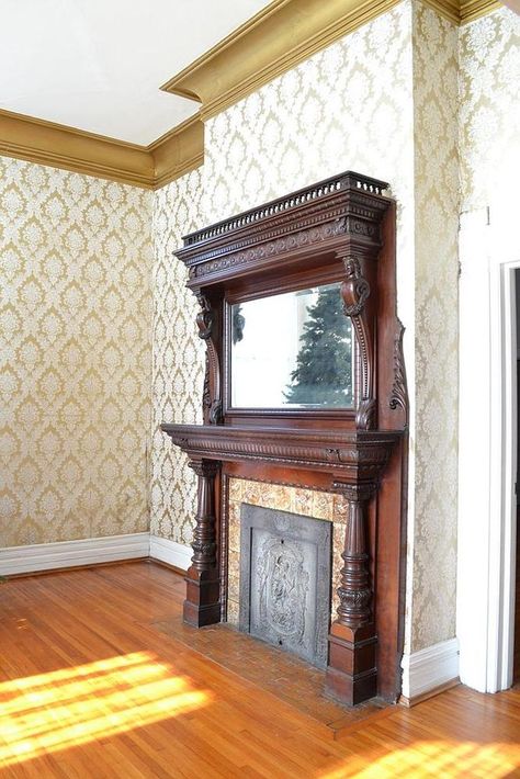 Queen Anne Living Room, Victorian Fire Place, 1900s Fireplace, Fireplace Frames, Queen Anne Interior, 3 Bay Garage, Victorian Fireplace Mantels, Victorian Mantle, Victorian Entry