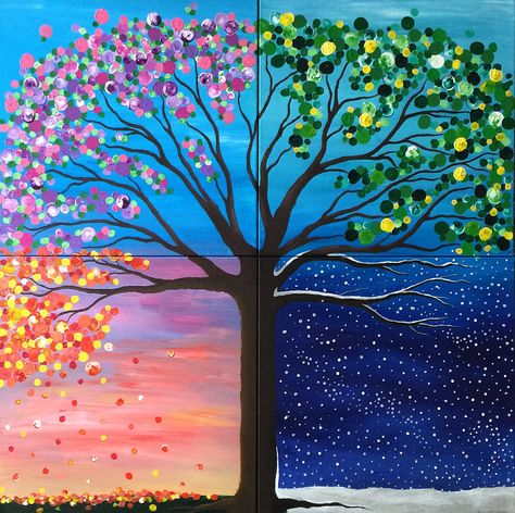 All Seasons Painting, Four Seasons Acrylic Painting, Painting Four Seasons, Acrylic Painting Seasons, Tree Seasons Craft, Spring Summer Fall Winter Painting, Summer Winter Autumn Spring Four Seasons, Winter Spring Summer Fall Art, Seasons Painting Ideas