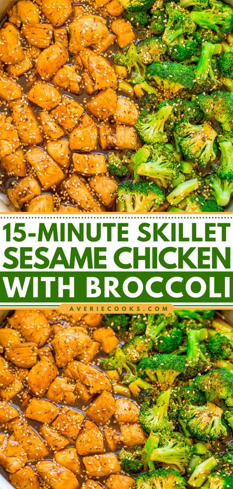 15-Minute Skillet Sesame Chicken with Broccoli - Averie Cooks Sesame Chicken And Broccoli, Healthy Sesame Chicken, Dinners Under 500 Calories, Sesame Chicken Recipe, Sesame Sauce, Chicken And Broccoli, Sesame Chicken, Ritz Crackers, Broccoli Recipes