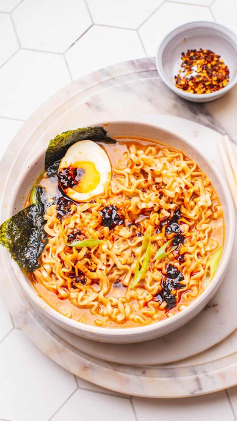 Spicy Ramen Ramen Soup Recipes Authentic, Creamy Pork Ramen Broth, Elevated Top Ramen, Spicy Chicken Ramen Recipes, Upgraded Instant Ramen, Half Baked Harvest Ramen, Ramen With Salmon, Ichiran Ramen Recipe, Trader Joe’s Ramen