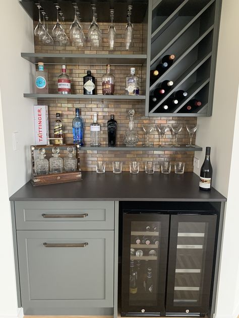 Mudroom Bar Ideas, Built In Dry Bar Basement, Industrial Dry Bar, Bar Cubby Ideas, Dry Bar Next To Fireplace, Wet Bar Wine Storage, Dry Bar Ideas Small Living Room, Closet Converted To Bar, Small Bars For Home Ideas