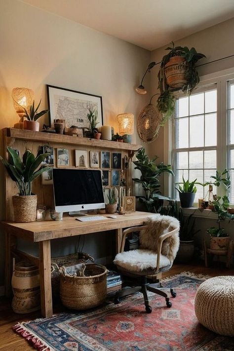 Boho Writing Desk, Home Office Design Wallpaper, Work From Home Office Design, Bohemian Home Office Decor, Feminine Home Office Classy Bohemian, Cottagecore Home Office, Moody Boho Office, Cozy Home Office Decor, Bohemian Home Office Ideas