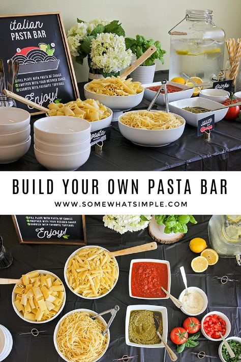 pasta bar set out on a table Build Your Own Pasta Bar, Dinner Party At Home, Easy Italian Pasta, Party Food Bars, Italian Dinner Party, Italian Party, Pasta Party, Pasta Bar, Party At Home