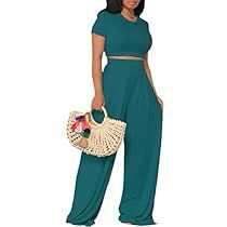 Summer 2 Piece Outfits, 2 Piece Outfits For Women, Summer Two Piece Outfits, Long Pants Casual, Summer Style Guide, High Waist Wide Leg Pants, Short Sleeve Crop Top, Scarf Top, Outfits For Women