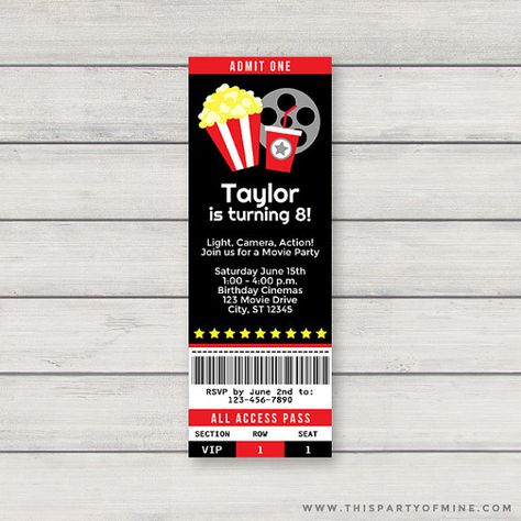 Movie Invitation Printable Movie Night Birthday Party Movie Night Party Invitations, Movie Theatre Birthday Party, Movie Night Party Decorations, Night Party Invitation, Movie Theater Party, Party Movie Night, Movie Ticket Invitations, Movie Party Invitations, Birthday Movie