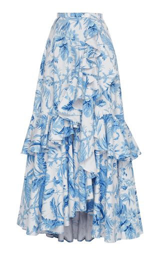 Shop Flamenco Ruffled Floral-Print Cotton Maxi Skirt. Lena Hoschek's 'Flamenco' maxi skirt is designed with a high-rise waist and bold ruffles around the edges. Ruffle Maxi Skirt, Lena Hoschek, Cotton Maxi Skirts, Tiered Midi Skirt, Mode Inspo, Skirt Design, Mode Inspiration, Skirt Outfits, Moda Operandi