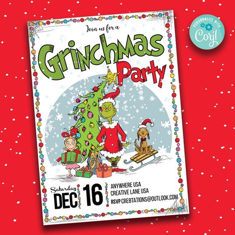 3rd Birthday Christmas Theme, Grinch Party Invitations Free Printable, Grinch Christmas Party Invitations, Grinch Birthday Party Invitations, Grinch Party Invitations, Grinch Birthday Invitations, Grinch Invitations, Grinchmas Party Ideas, Grinch Themed Christmas Party