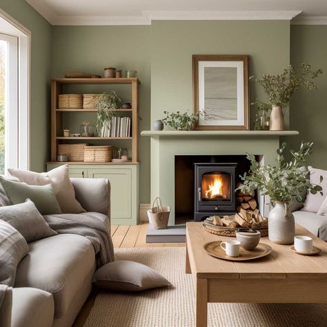 Green Tones Living Room, Salons Cottage, Sage Living Room, Green Walls Living Room, Sage Green Living Room, Double Height Living Room, Lounge Room Styling, Green Living Room Decor, Green Lounge