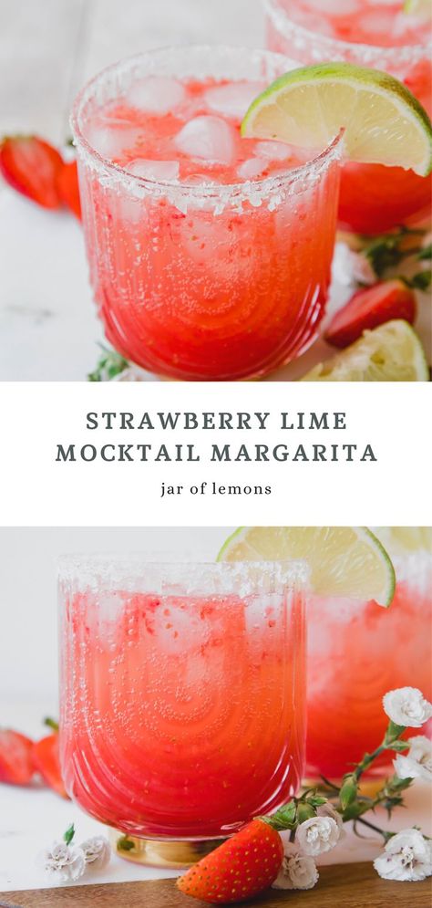 Two images of strawberry lime mocktail margarita in a glass. Mocktail Margarita, Strawberry Mojito Mocktail, Summer Mocktail, Mocktail Drinks, Mojito Mocktail, Strawberry Mojito, Strawberry Lime, Drink Recipes Nonalcoholic, Mocktail Recipe