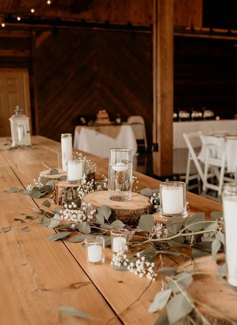 6ft Wedding Table Decor, Rustic White Table Decor, Centerpieces Wedding Rustic Elegant, Rustic Wedding Square Table Decor, Wedding Farmhouse Table Centerpieces, Wood Piece Centerpieces Wedding Ideas, Rustic Wedding Table Toppers, Natural Centerpieces Rustic, Greenery On Wooden Table Wedding