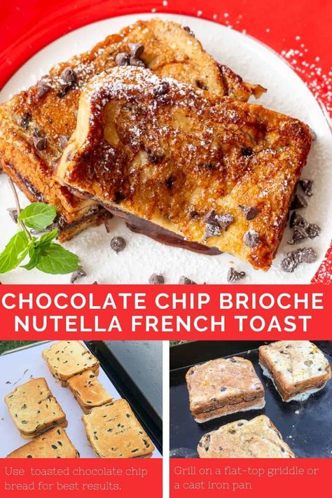 Surprise someone you love with a sweet breakfast featuring chocolate chip Nutella French toast prepared on a flat-top griddle. The combination of chocolately, hazelnut Nutella with chocolate chip brioche bread is a match made in culinary heaven. This decadent recipe can also be prepared on an indoor griddle or in a cast iron pan on the stovetop. Baked French Toast With Brioche Bread, French Toast With Nutella, Nutella Recipes French Toast, Chocolate Chip Brioche French Toast, Nuttela Bread Toast, Brioche Nutella, Nutella Sandwich, Nutella French Toast, Brioche French Toast