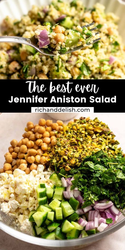 Jennifer Aniston Salad Recipe, Salad Protein, Jennifer Aniston Salad, Aniston Salad, Protein Salad Recipes, Pasta Salad With Spinach, High Protein Salads, Protein Salad, Salads Recipes