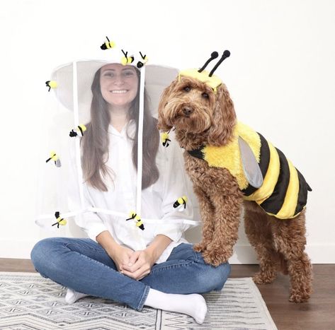 Pet Duo Halloween Costumes, Costume Ideas With Your Dog, Brown Dog Halloween Costumes, Husky Halloween Costumes Dogs, Dog Costumes Matching Owner, Puppy Custome Halloween, Dog Custom Halloween, Bee Dog Costume, Cute Halloween Costumes With Your Dog