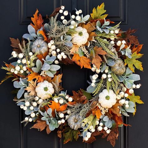 Buy Fall Wreath for Front Door,18 Inch Autumn Wreath with Maple Leaf,Pumpkins and White Berries,Artificial Pumpkins Wreath,Thanksgiving Wreaths,Maple Leaf Wreath Decor at Walmart.com Maple Leaf Wreath, Holiday Decor Halloween, Harvest Wreath, Door Wreaths Fall, Year Round Wreath, Green Wreath, Fall Door, Thanksgiving Wreaths, Pumpkin Wreath